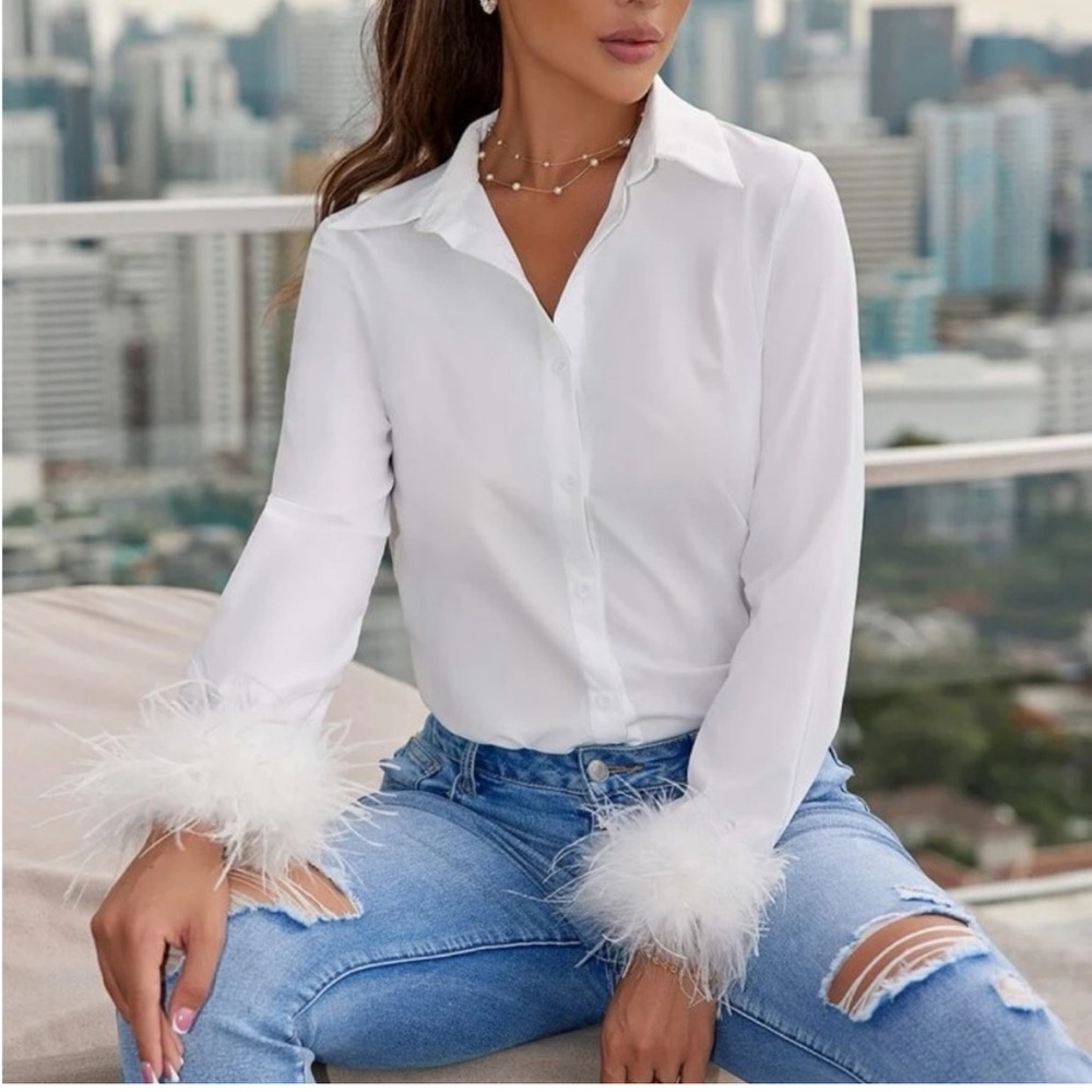 White Feather cuff sleeve button up collared shirt blouse - Picture 1 of 5